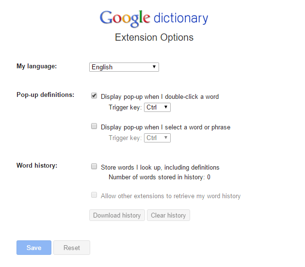 Google Dictionary Options
